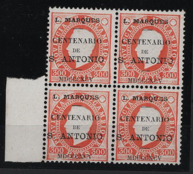 1452.jpg -     Lote:    1452            Lourenço Marques       Descrição:         1895 &mdash; Selos de D. Luís I de Moçambique, com sobrecarga "Centenário de S. António", CE22, 300 reis, denteado12 &frac12;. Quadra. Valor de catálogo &euro; 404,00.        *       Valor Base:     &euro; 50,00     Valor Venda:     &euro;      