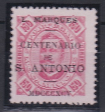 1453.jpg -     Lote:    1453            Lourenço Marques       Descrição:         1895 &mdash; Selos de D. Carlos I de Moçambique, com sobrecarga "Centenário de S. António". CE30, 150 reis carmim s/ rosa. Valor de catálogo &euro; 65,00        *       Valor Base:     &euro; 15,00     Valor Venda:     &euro;      