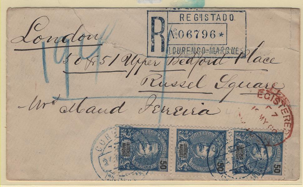 1455.jpg -     Lote:    1455            Lourenço Marques       Descrição:         1898/1901 &mdash; D. Carlos I Mouchon. CE38, 50 reis. Tira vertical de 3 selos em sobrescrito circulado registado de L. Marques (24.04.00) para Londres (19.05.00). Sobrescrito com rasgão reparado.        Carta       Valor Base:     &euro; 60,00     Valor Venda:     &euro;      