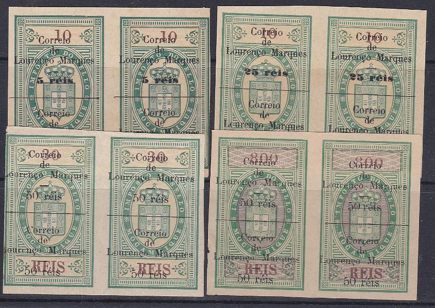1457.jpg -     Lote:    1457            Lourenço Marques       Descrição:         1899 &mdash; Selos fiscais de Moçambique, com sobrecarga. CE 47/50. Série completa em selos inteiros e em pares horizontais. Ligeiros vestígios de óxido no verso. Valor de catálogo &euro; 212,00.        *       Valor Base:     &euro; 40,00     Valor Venda:     &euro;      