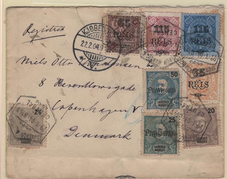 1458.jpg -     Lote:    1458            Lourenço Marques       Descrição:         1898/1903 &mdash; D: Carlos I, Mouchon + D. Carlos I, com sobretaxa + D. Carlos I, com sobrecarga PROVISORIO. Sobrescrito circulado  de L. Marques (29.01.04) para a Dinamarca (22.02.04) com selos de 2 &frac12;, 20, 65 s/ 2 &frac12;, 65 s/ 5, 115 s/10, 115 s/ 200, 25 e 50 reis. CE 32, 36, 52, 53, 56, 57, 66 e 67. R.        Carta       Valor Base:     &euro; 40,00     Valor Venda:     &euro;      