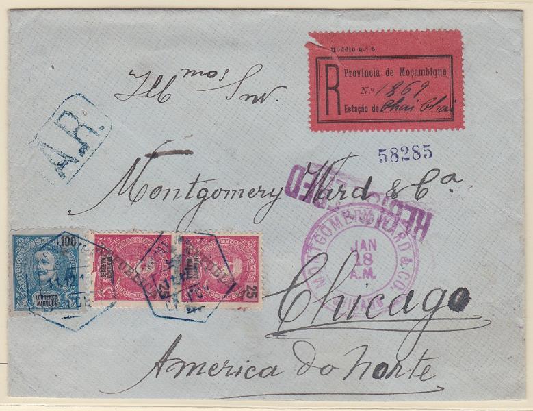 1459.jpg -     Lote:    1459            Lourenço Marques       Descrição:         1898/1903 &mdash; D. Carlos I Mouchon + idem, com sobrecarga REPUBLICA da Casa da Moeda. Sobrescrito circulado registado com aviso de recepção de Chai Chai (11.12.14) para Chicago (16.11.15) com trânsito por Lourenço Marques (12.11.14) e Nova Iorque (15.01.15), com selo de 100 reis azul e par de 25 réis carmim CE 62 e CE 108. MB.        Carta       Valor Base:     &euro; 60,00     Valor Venda:     &euro;      