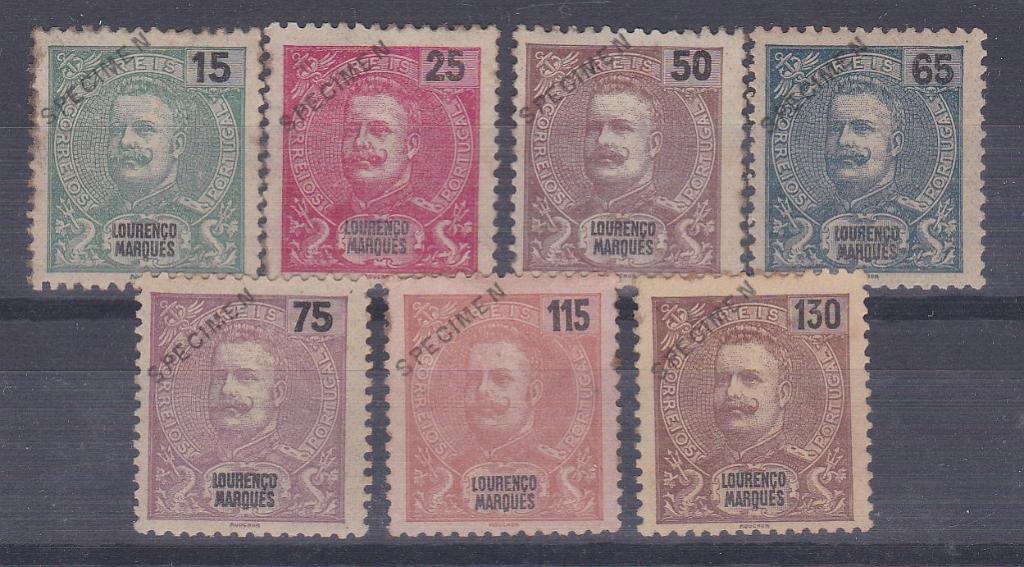 1460.jpg -     Lote:    1460            Lourenço Marques       Descrição:         1903 &mdash; D. Carlos I Mouchon. CE 69/76. Série incompleta, faltando CE76. Todos os selos com sobrecarga SPECIMEN oblíqua a preto. Alguns selos com pequenos defeitos. Lote a ver.        **/*       Valor Base:     &euro; 60,00     Valor Venda:     &euro;      