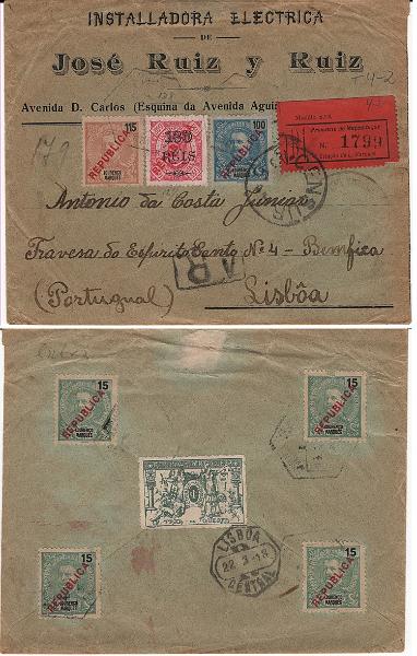 1468.jpg -     Lote:    1468            Lourenço Marques       Descrição:         1917 &mdash; D. Carlos I Mouchon, com sobrecarga REPUBLICA local + D. Carlos I sobretaxado, com sobrecarga REPUBLICA local + Taxa de Guerra. Sobrescrito registado com "AR" e "Censura" de L. Marques para Lisboa (22.03.18), franquiado com selo de 130/150 reis, 15 reis (4), 100 reis e 150 reis, CE 142, 147 e 150/51, e Taxa de Guerra 1 C, CE IP1. MB e MR.        Carta       Valor Base:     &euro; 30,00     Valor Venda:     &euro;      