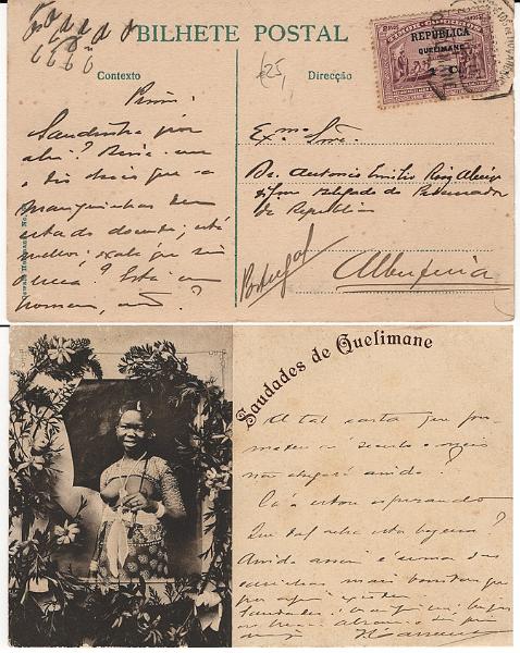 1469.jpg -     Lote:    1469            Quelimane       Descrição:         1913 &mdash; 4.º Centenário do Descobrimento do Caminho Marítimo para a Índia, com sobrecarga REPUBLICA sobre selos postais de Timor. CE19, 1C s/ 2 avos em postal ilustrado circulado de Quelimane (23.03.14) para Albufeira. B e MR.        PI       Valor Base:     &euro; 25,00     Valor Venda:     &euro;      
