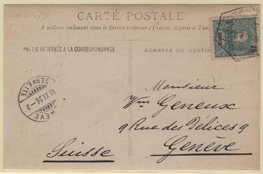 1471.jpg -     Lote:    1471            Zambézia       Descrição:         1903 &mdash; D. Carlos I com sobrecarga PROVISORIO. Postal Ilustrado circulado de Porto Amélia (16.10.06) para a Suíça (13.11.06), com selo de 25 reis, CE43.        PI       Valor Base:     &euro; 12,00     Valor Venda:     &euro;      