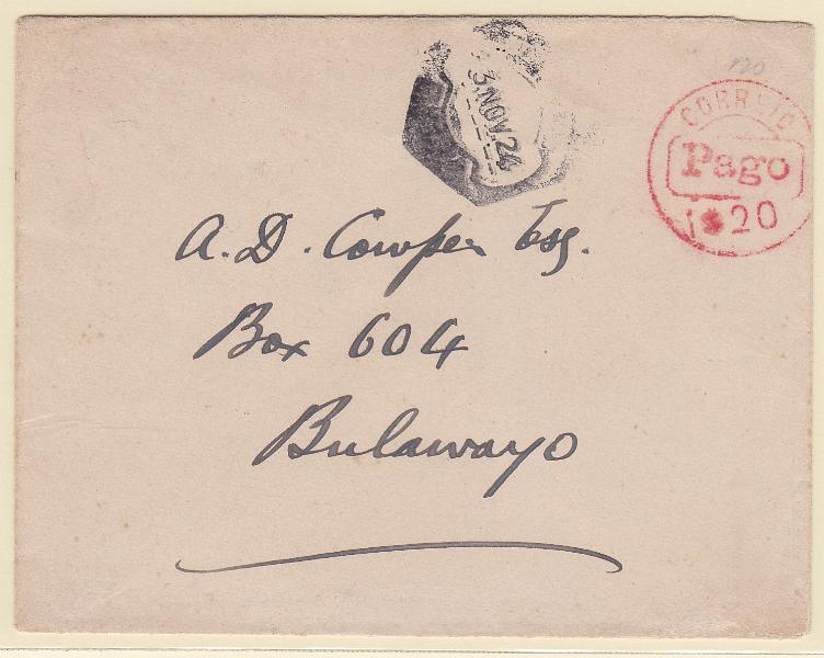 1474.jpg -     Lote:    1474            Companhia de Moçambique       Descrição:         1920 - Selo fixo de Porte Pago. Carta circulada da cidade da Beira (03.11.1924) para Bulawaio, Rodésia do Sul (06.11.24). Carimbo circular a vermelho de recurso Pago 1$20. Altino Pinto tipo REC.3.1-C. MB.        Carta       Valor Base:     &euro; 75,00     Valor Venda:     &euro;      