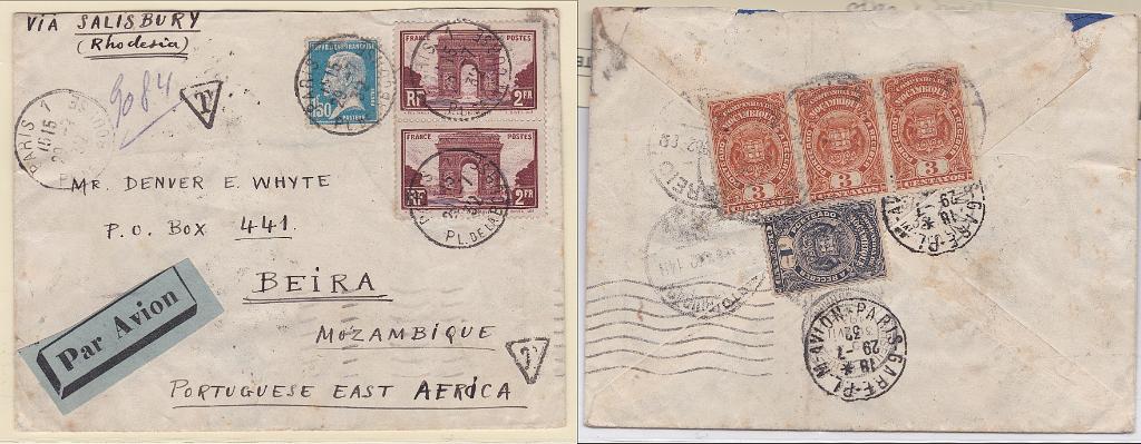 1476.jpg -     Lote:    1476            Companhia de Moçambique       Descrição:         1932 (29.07). Correio Aéreo de Moçambique 1932. Carta circulada de Paris * Place de La Bourse (29.07.32), franquiada com 3,50 Fr. para a Beira (16.09.32), via Salisbúria. No verso carimbos circulares a preto PARIS-GARE-P.L.-M-AVION (29.07.32) e MARSEILLE-GARE (30.07.32). Marcada com T de porteado por franquia insuficiente à saída. Porteada com 10 centavos, 3 selos tipo Elefante da Companhia de Moçambique de 3C CE14 e um selo de 1c, CE12. MB e MR.        Aéreo       Valor Base:     &euro; 250,00     Valor Venda:     &euro;      