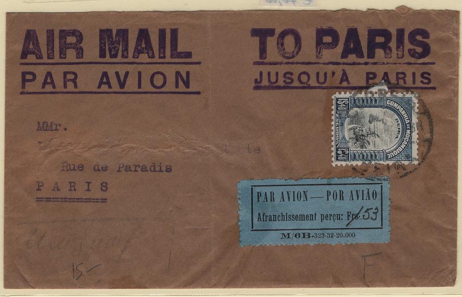 1477.jpg -     Lote:    1477            Companhia de Moçambique       Descrição:         1925/32 &mdash; Motivos locais + Sobretaxa do Correio Aéreo. Sobrescrito circulado da Beira para Paris com selo de 1$40 CE167 + etiqueta M/6B com o porte de 1,53Frs manuscrito a preto CE SCA1. B e R.        Carta       Valor Base:     &euro; 70,00     Valor Venda:     &euro;      