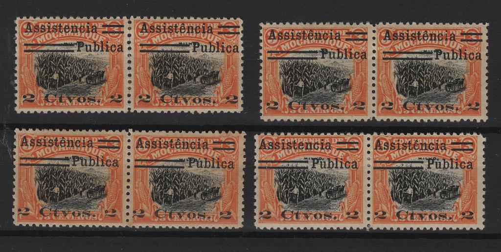 1479.jpg -     Lote:    1479            Companhia de Moçambique       Descrição:         1932 &mdash; Imposto Postal. Motivos locais, com sobretaxa. CE IP1, 2c s/ 3c, laranja e preto. Lote com 4 pares horizontais com diferentes tipos de combinações de vogais com acentos e sem acentos (um selo normal, 3 com "ê", 3 com "ê" e "ú" e um com "ú". Lote a ver. Valor de catálogo &euro; 119,50.        ***       Valor Base:     &euro; 25,00     Valor Venda:     &euro;      