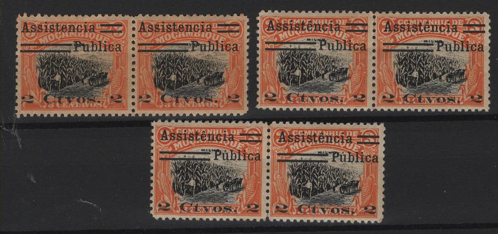 1480.jpg -     Lote:    1480            Companhia de Moçambique       Descrição:         1932 &mdash; Imposto Postal. Motivos locais, com sobretaxa. CE IP1, 2c s/ 3c, laranja e preto. Lote com 3 pares horizontais: um sem acentos, outro com "ê" em vez de "e" e um terceiro "ê" e "ú" em vez de "e" e "u". Valor de catálogo &euro; 69,00.        ***       Valor Base:     &euro; 20,00     Valor Venda:     &euro;      