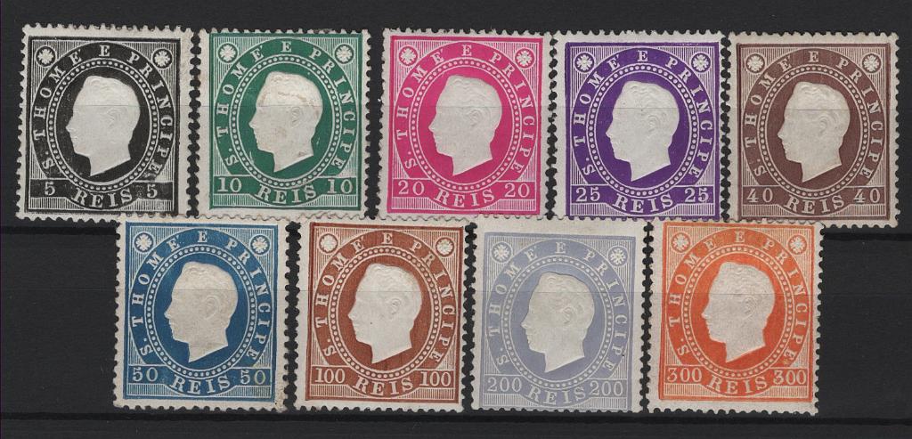 1485.jpg -     Lote:    1485            S. Tomé e Príncipe       Descrição:         1887 &mdash; D. Luís I. Fita direita. CE 15/23. Série completa em denteado 13 &frac12;. Valor de catálogo &euro; 190,00.        ***/**       Valor Base:     &euro; 30,00     Valor Venda:     &euro;      
