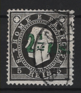 1489.jpg -     Lote:    1489            S. Tomé e Príncipe       Descrição:         1892 &mdash; D. Luís I. Fita direita, com sobretaxa. Sobretaxa tipo 1. CE27, 2 &frac12; s/ 5 reis, denteado 13 &frac12;, com sobrecarga a verde. Valor de catálogo &euro; 80,00.        O       Valor Base:     &euro; 15,00     Valor Venda:     &euro;      