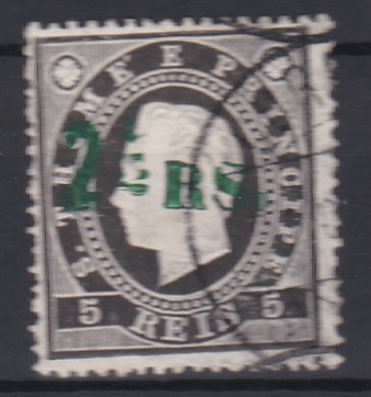 1490.jpg -     Lote:    1490            S. Tomé e Príncipe       Descrição:         1892 &mdash; D. Luís I. Fita direita. Com sobretaxa. CE27, 2 &frac12; s/ 5 reis. Sobrecarga tipo 1 a verde. Valor de catálogo &euro; 80,00.        O       Valor Base:     &euro; 20,00     Valor Venda:     &euro;      