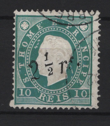 1493.jpg -     Lote:    1493            S. Tomé e Príncipe       Descrição:         1892 &mdash; D. Luís I. Fita direita, com sobretaxa. Sobretaxa tipo 2. CE28, 2 &frac12; s/ 10 reis, com sobrecarga a preto. Valor de catálogo &euro; 150,00.        O       Valor Base:     &euro; 30,00     Valor Venda:     &euro;      
