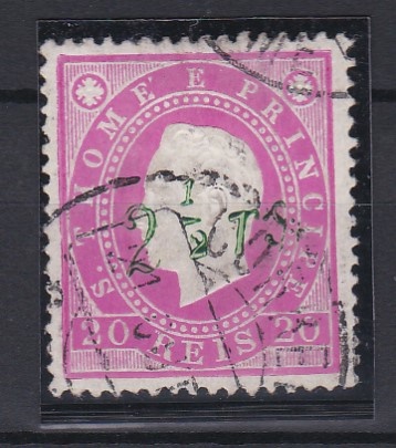 1494.jpg -     Lote:    1494            S. Tomé e Príncipe       Descrição:         1892 &mdash; D. Luís I. Fita direita. Com sobretaxa. CE29, 2 &frac12; s/ 20 reis. Sobrecarga tipo 2 a verde. Valor de catálogo &euro; 220,00.        O       Valor Base:     &euro; 40,00     Valor Venda:     &euro;      