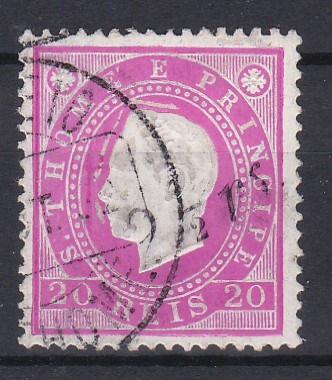 1495.jpg -     Lote:    1495            S. Tomé e Príncipe       Descrição:         1892 &mdash; D. Luís I. Fita direita. Com sobretaxa. CE29, 2 &frac12; s/ 20 reis. Sobrecarga tipo 2 a preto. Valor de catálogo &euro; 175,00.        O       Valor Base:     &euro; 35,00     Valor Venda:     &euro;      