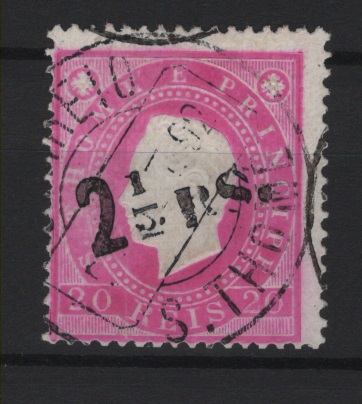 1496.jpg -     Lote:    1496            S. Tomé e Príncipe       Descrição:         1892 &mdash; D. Luís I. Fita direita, com sobretaxa. Sobretaxa tipo 1. CE29, 2 &frac12; s/ 20 reis, com sobrecarga a preto. Valor de catálogo &euro; 175,00.        O       Valor Base:     &euro; 35,00     Valor Venda:     &euro;      