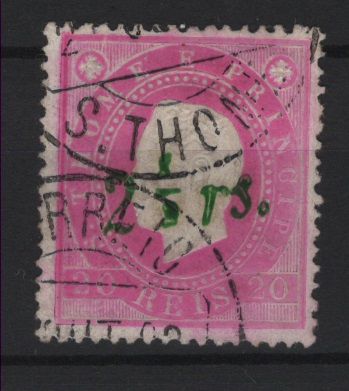 1497.jpg -     Lote:    1497            S. Tomé e Príncipe       Descrição:         1892 &mdash; D. Luís I. Fita direita, com sobretaxa. Sobretaxa tipo 2. CE29, 2 &frac12; s/ 20 reis, com sobrecarga a verde. Valor de catálogo &euro; 220,00.        O       Valor Base:     &euro; 40,00     Valor Venda:     &euro;      