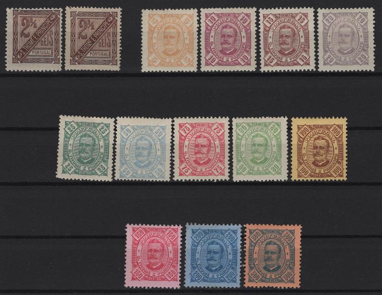 1498.jpg -     Lote:    1498            S. Tomé e Príncipe       Descrição:         1893/95 &mdash; D. Carlos I, tipo Diogo Neto. CE 30/42. Série completa + 2 &frac12; em denteado diferente. Selo de 200 reis sem goma original. Valor de catálogo &euro; 140,40.        **       Valor Base:     &euro; 22,00     Valor Venda:     &euro;      
