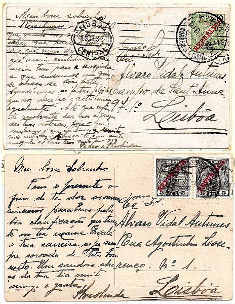 1499.jpg -     Lote:    1499            S. Tomé e Príncipe       Descrição:         1898/1912 &mdash; D. Carlos I Mouchon + D. Manuel II com sobrecarga REPUBLICA: Lote com dois postais ilustrados: um circulado de S. Tomé (17.02.13) para Lisboa com selo de 10 reis CE45 e outro também de S. Tomé (01.10.15) para Lisboa com par de 5 reis CE112.        PI       Valor Base:     &euro; 12,00     Valor Venda:     &euro;      