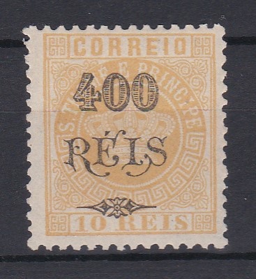 1501.jpg -     Lote:    1501            S. Tomé e Príncipe       Descrição:         1902 &mdash; Tipo Coroa, com sobretaxa. CE60, 400 s/ 10 reis. Valor de catálogo &euro; 122,00.        (*)       Valor Base:     &euro; 20,00     Valor Venda:     &euro;      