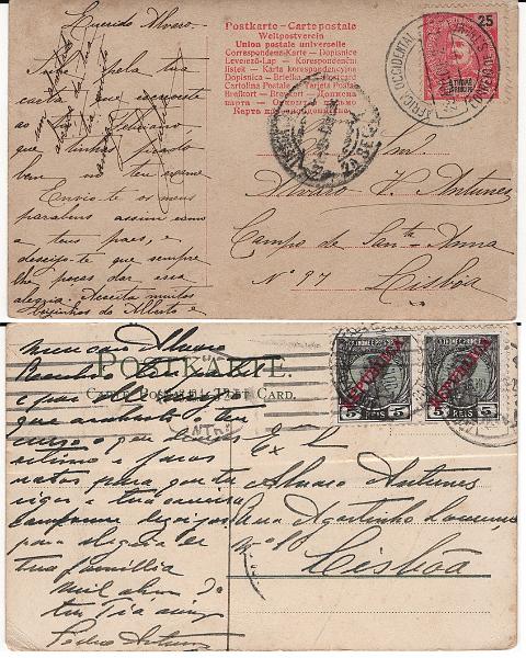 1503.jpg -     Lote:    1503            S. Tomé e Príncipe       Descrição:         1903/1912 &mdash; D. Carlos I Mouchon + D. Manuel II com sobrecarga REPUBLICA: Lote com dois postais ilustrados: um circulado de S. Tomé (20.08.09) para Lisboa com selo de 25 reis CE88 e outro também de S. Tomé (01.10.15) para Lisboa com par de 5 reis CE112.        PI       Valor Base:     &euro; 12,00     Valor Venda:     &euro;      
