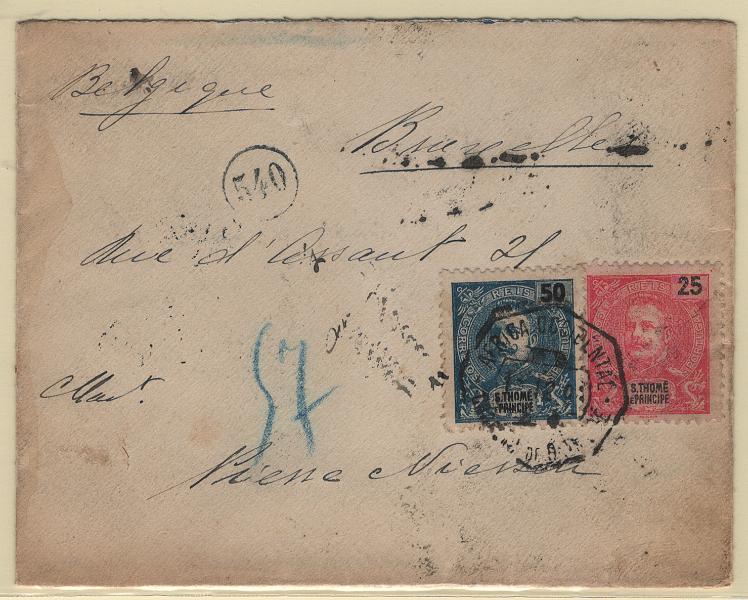 1504.jpg -     Lote:    1504            S. Tomé e Príncipe       Descrição:         1898/1903 &mdash; D. Carlos I Mouchon. Sobrescrito circulado registado de S. Tomé (01.12.04) para a Bélgica, com trânsito por Lisboa (15.12.04), com selos de 5 reis CE44, 2x50 reis CE48 e 25 reis CE88. MB e R.        Carta       Valor Base:     &euro; 40,00     Valor Venda:     &euro;      