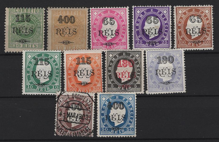 1505.jpg -     Lote:    1505            S. Tomé e Príncipe       Descrição:         1902 &mdash; Tipo Coroa e D. Luís I, fita direita, com sobretaxa. CE59/60 + CE61/69. As duas séries completas. Selo CE68 usado e CE69 em denteado 12 &frac12;. MB. Valor de catálogo &euro; 290,00.        **/O       Valor Base:     &euro; 55,00     Valor Venda:     &euro;      