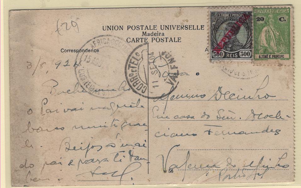 1509.jpg -     Lote:    1509            S. Tomé e Príncipe       Descrição:         1912/14 &mdash; D. Manuel II, com sobrecarga REPUBLICA + Ceres. Postal ilustrado circulado de S. Tomé (15.08.24) para Valença (11.09.24) com selos de 300 reis CE120 + 20c CE210. Selo de 300 reis utilizado como selo de recurso em período de inflação.        PI       Valor Base:     &euro; 20,00     Valor Venda:     &euro;      