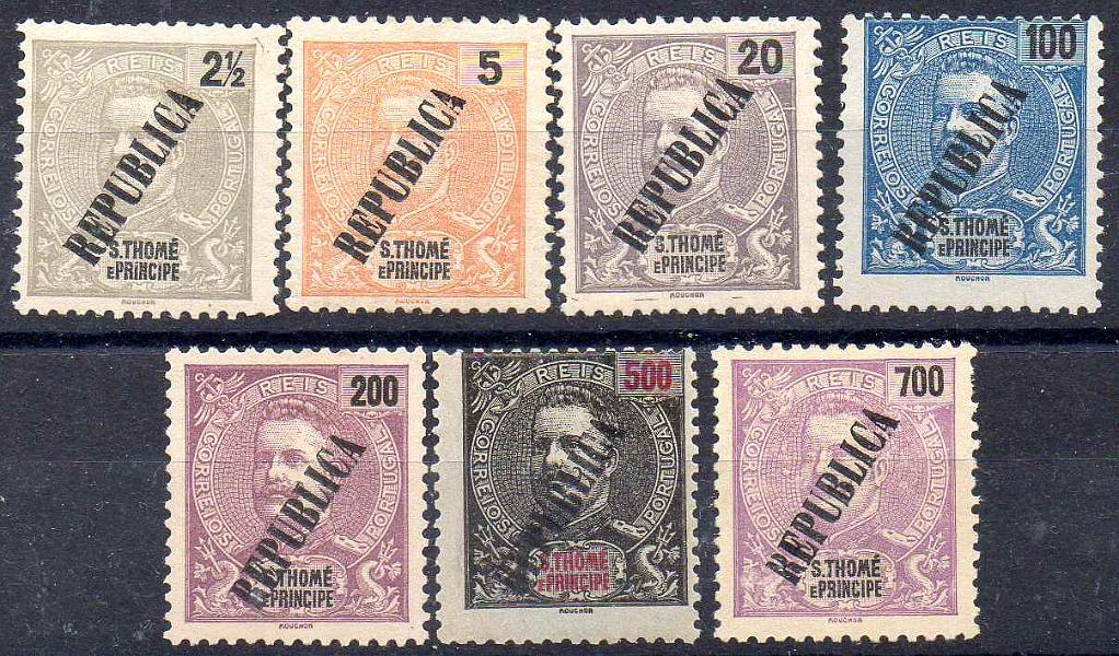 1511.jpg -     Lote:    1511            S. Tomé e Príncipe       Descrição:         1913 &mdash; D. Carlos I tipo Mouchon com sobrecarga REPUBLICA tipografada localmente. CE 121/127. Série completa. Valor de catálogo &euro; 240,00.        **/*       Valor Base:     &euro; 60,00     Valor Venda:     &euro;      
