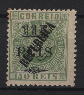 1512.jpg -     Lote:    1512            S. Tomé e Príncipe       Descrição:         1913 &mdash; Tipo Coroa. Selos de 1902, com sobrecarga REPUBLICA tipografada localmente. CE128, 115 s/ 50 reis verde, denteado 12 &frac12;.  Selo com boa cor, com pequena mancha e sem reparações. Valor de catálogo &euro; 240,00.        O       Valor Base:     &euro; 45,00     Valor Venda:     &euro;      