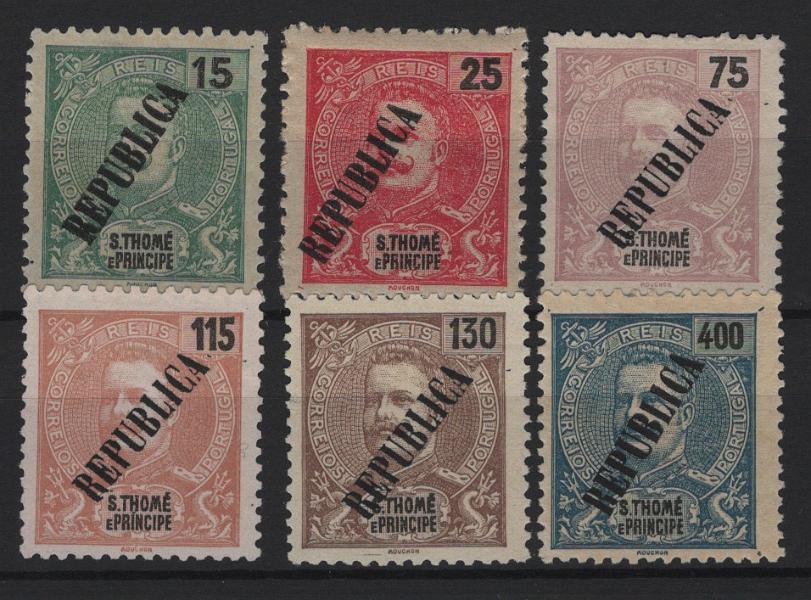 1515.jpg -     Lote:    1515            S. Tomé e Príncipe       Descrição:         1913 &mdash; D. Carlos I Mouchon. Selos de 1903, com sobrecarga REPUBLICA tipografada localmente. CE 139/144. Série completa. Valor de catálogo &euro; 175,00.        *       Valor Base:     &euro; 40,00     Valor Venda:     &euro;      