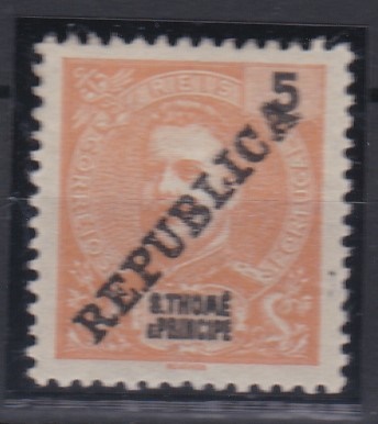 1516.jpg -     Lote:    1516            S. Tomé e Príncipe       Descrição:         1913 &mdash; D. Carlos I Mouchon, com sobrecarga REPUBLICA tipografada localmente. CE147, 5 reis laranja. Valor de catálogo &euro; 65,00.        **       Valor Base:     &euro; 12,00     Valor Venda:     &euro;      