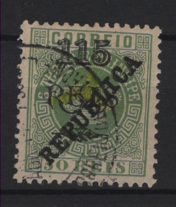 1517.jpg -     Lote:    1517            S. Tomé e Príncipe       Descrição:         1913 &mdash; Tipo Coroa. Selos de 1902, com sobrecarga REPUBLICA tipografada localmente. CE153, 115 s/ 50 reis verde, denteado 12 &frac12;.  Selo com boa cor, sem defeitos ou reparações. Valor de catálogo &euro; 300,00.        O       Valor Base:     &euro; 75,00     Valor Venda:     &euro;      