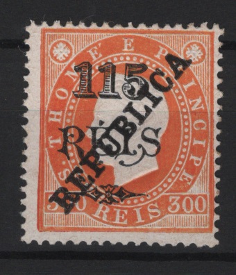 1518.jpg -     Lote:    1518            S. Tomé e Príncipe       Descrição:         1913 &mdash; D. Luís I. Fita direita. Selos de 1902 com sobrecarga REPUBLICA zincogravada a localmente. CE155, 115 s/ 300 reis, denteado 13 &frac12;. Exemplar com boa cor, sem reparações ou defeitos, assinado no verso. Certificado de Peritagem J. Miranda da Mota. Valor de catálogo &euro; 370,00.        *       Valor Base:     &euro; 80,00     Valor Venda:     &euro;      