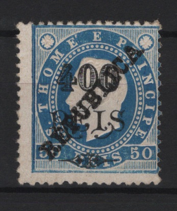 1520.jpg -     Lote:    1520            S. Tomé e Príncipe       Descrição:         1913 &mdash; D. Luís I. Fita direita. Selos de 1902 com sobrecarga REPUBLICA zincogravada a localmente. CE157, 400 s/ 50 reis, denteado 12 &frac12;. Exemplar com boa cor, sem reparações ou defeitos, descentrado. Valor de catálogo &euro; 170,00.        *       Valor Base:     &euro; 40,00     Valor Venda:     &euro;      