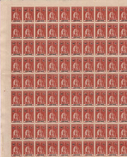 1524.jpg -     Lote:    1524            S. Tomé e Príncipe       Descrição:         1914 &mdash; Ceres. CE208, 10c tijolo, denteado 12 x 11 &frac12;. Folha completa com 180 selos. Bom para estudo de variedades de clichés. Valor de catálogo &euro; 270,00.        ***       Valor Base:     &euro; 25,00     Valor Venda:     &euro;      