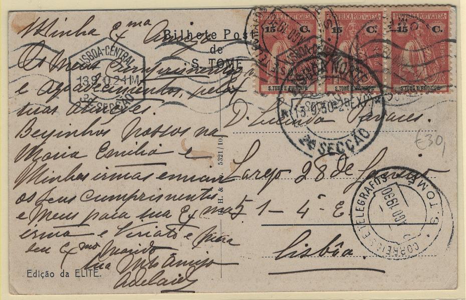 1525.jpg -     Lote:    1525            S. Tomé e Príncipe       Descrição:         1914 &mdash; Ceres. CE209, 15C, papel liso, denteado 12x11 &frac12;. Tira de 4 selos em postal ilustrado circulado de S. Tomé (24.08.30) para Lisboa (13.09.30).        PI       Valor Base:     &euro; 25,00     Valor Venda:     &euro;      