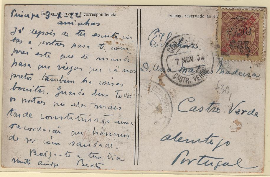 1526.jpg -     Lote:    1526            S. Tomé e Príncipe       Descrição:         1915 &mdash; D. Carlos I, tipo Diogo Neto, com sobrecarga REPUBLICA da Casa da Moeda. CE223, 130 reis s/ 100 reis, sobretaxa tipo I em postal ilustrado circulado de S. Tomé (03.10.22) para Castro Verde (07.11.04).        PI       Valor Base:     &euro; 30,00     Valor Venda:     &euro;      