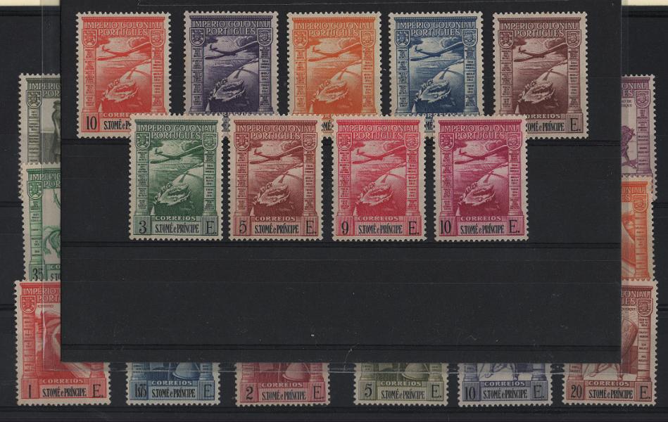 1532.jpg -     Lote:    1532            S. Tomé e Príncipe       Descrição:         1938 &mdash; Império Colonial Português + Correio Aéreo * Império Colonial Português. Ambas com legenda "S. TOMÉ E PRÍNCIPE. Lote com as duas séries completas. CE319/336, com sinal de charneira + CE CA 10/18, sem sinal de charneira. Valor de catálogo &euro; 195,00.        **/***       Valor Base:     &euro; 40,00     Valor Venda:     &euro;      