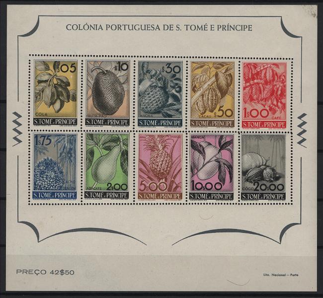 1538.jpg -     Lote:    1538            S. Tomé e Príncipe       Descrição:         1948 &mdash; Frutos de S. Tomé e Príncipe. CE BLC1. Bloco com dois ligeiros defeitos na goma. Muito raro nestas condições. Lote a ver. Valor de catálogo &euro; 500,00.        BLC***       Valor Base:     &euro; 100,00     Valor Venda:     &euro;      