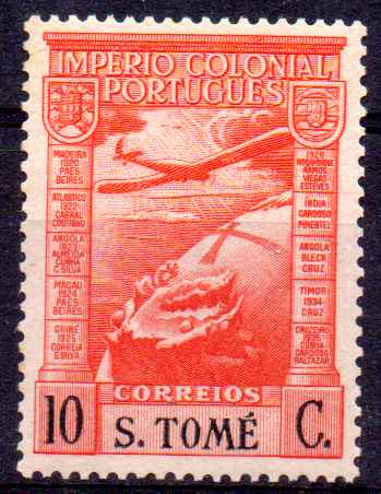 1540.jpg -     Lote:    1540            S. Tomé e Príncipe       Descrição:         1938 &mdash; Correio Aéreo. Império Colonial Português. Legenda S. TOMÈ. CE CA1, 10C. Valor de catálogo &euro; 147,00.        **       Valor Base:     &euro; 10,00     Valor Venda:     &euro;      