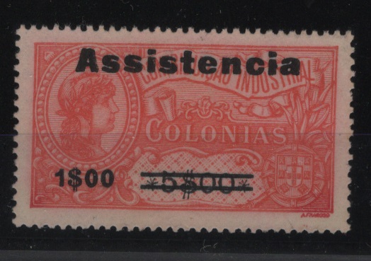 1546.jpg -     Lote:    1546            S. Tomé e Príncipe       Descrição:         1946 &mdash; Imposto Postal. Assistência. Selos fiscais de África, com sobretaxa tipo II. CE IP7, 1$00 s/ 5$00, com "e" em vez de "ê", papel pontinhado. Valor de catálogo &euro; 120,00.        *       Valor Base:     &euro; 30,00     Valor Venda:     &euro;      