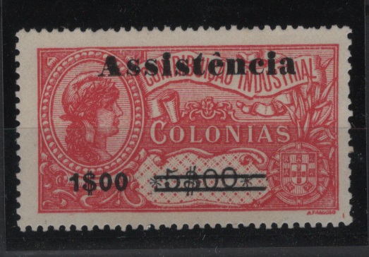 1547.jpg -     Lote:    1547            S. Tomé e Príncipe       Descrição:         1946 &mdash; Imposto Postal. Assistência. Selos fiscais de África, com sobretaxa tipo I. CE IP7, 1$00 s/ 5$00, papel pontinhado. Valor de catálogo &euro; 70,00.        *       Valor Base:     &euro; 20,00     Valor Venda:     &euro;      