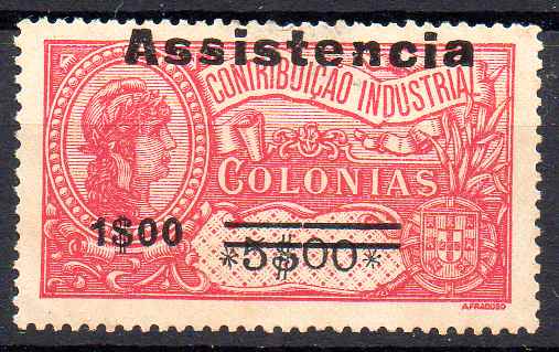 1548.jpg -     Lote:    1548            S. Tomé e Príncipe       Descrição:         1946 &mdash; Imposto Postal. ASSISTÊNCIA. Selos fiscais de África, com sobretaxa. CE IP7, 1$00 s/ 5$00 carmim, tipo II, com "e" em vez de "ê". Valor de catálogo &euro; 120,00.        *       Valor Base:     &euro; 36,00     Valor Venda:     &euro;      
