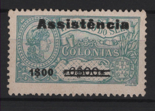1549.jpg -     Lote:    1549            S. Tomé e Príncipe       Descrição:         1946 &mdash; Imposto Postal. Assistência. Selos fiscais de África, com sobretaxa tipo II. CE IP8, 1$00 s/ 6$00, papel esmalte. Valor de catálogo &euro; 60,00.        *       Valor Base:     &euro; 15,00     Valor Venda:     &euro;      
