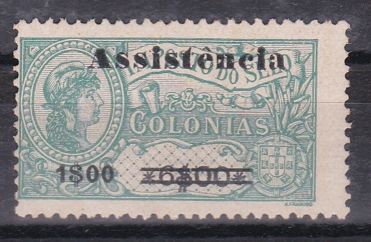 1550.jpg -     Lote:    1550            S. Tomé e Príncipe       Descrição:         1946 &mdash; Imposto Postal. ASSISTÊNCIA. Selos fiscais de África, com sobretaxa. CE IP8, 1$00 s/ 6$00 verde, tipo I. em papel esmalte. Valor de catálogo &euro; 60,00.        *       Valor Base:     &euro; 10,00     Valor Venda:     &euro;      