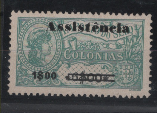 1551.jpg -     Lote:    1551            S. Tomé e Príncipe       Descrição:         1946 &mdash; Imposto Postal. Assistência. Selos fiscais de África, com sobretaxa tipo I. CE IP8, 1$00 s/ 6$00, papel esmalte. Valor de catálogo &euro; 60,00.        *       Valor Base:     &euro; 15,00     Valor Venda:     &euro;      