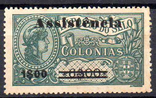 1553.jpg -     Lote:    1553            S. Tomé e Príncipe       Descrição:         1946 &mdash; Imposto Postal. ASSISTÊNCIA. Selos fiscais de África, com sobretaxa. CE IP8, 1$00 s/ 6$00 verde, tipo I, papel pontinhado. Valor de catálogo &euro; 60,00.        *       Valor Base:     &euro; 15,00     Valor Venda:     &euro;      